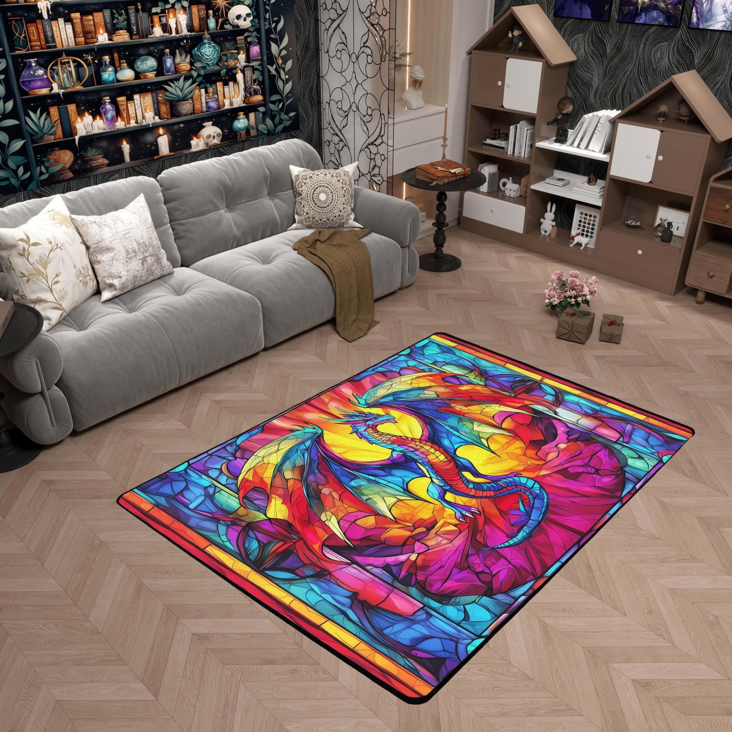 Flying Dragon Kids Area Rug,Western Wing Dragon Gothic Halloween Mats Rugs for Boys Girls,Geometric Abstract Modern Bath Carpets,Rainbow Retro Bath Rugs,Absorbent Floor Mats,5'x6'6''