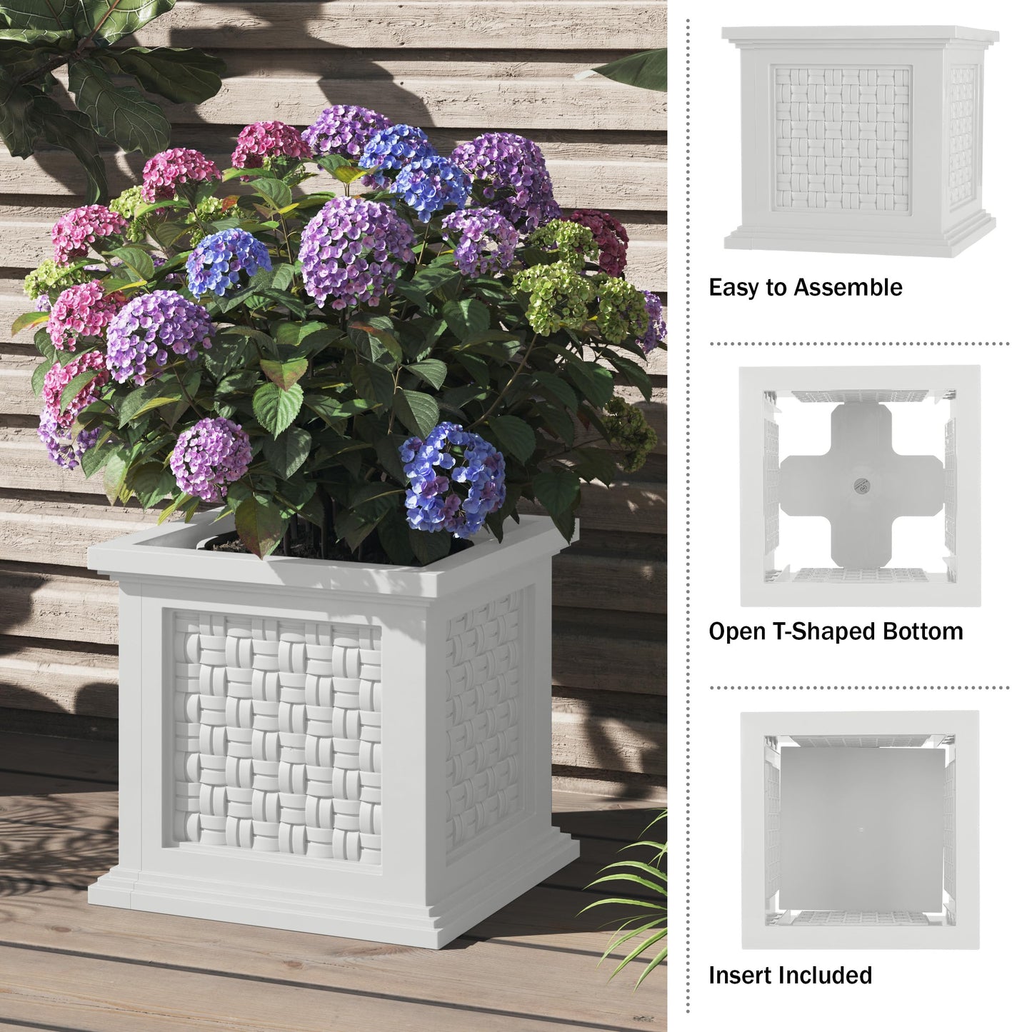 Rattan Style Outdoor Planter Box - 14.65-Inch-Square Decorative Flower or Plant Pot - Garden, Patio and Front Porch Decor by Pure Garden (White)