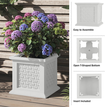 Rattan Style Outdoor Planter Box - 14.65-Inch-Square Decorative Flower or Plant Pot - Garden, Patio and Front Porch Decor by Pure Garden (White)