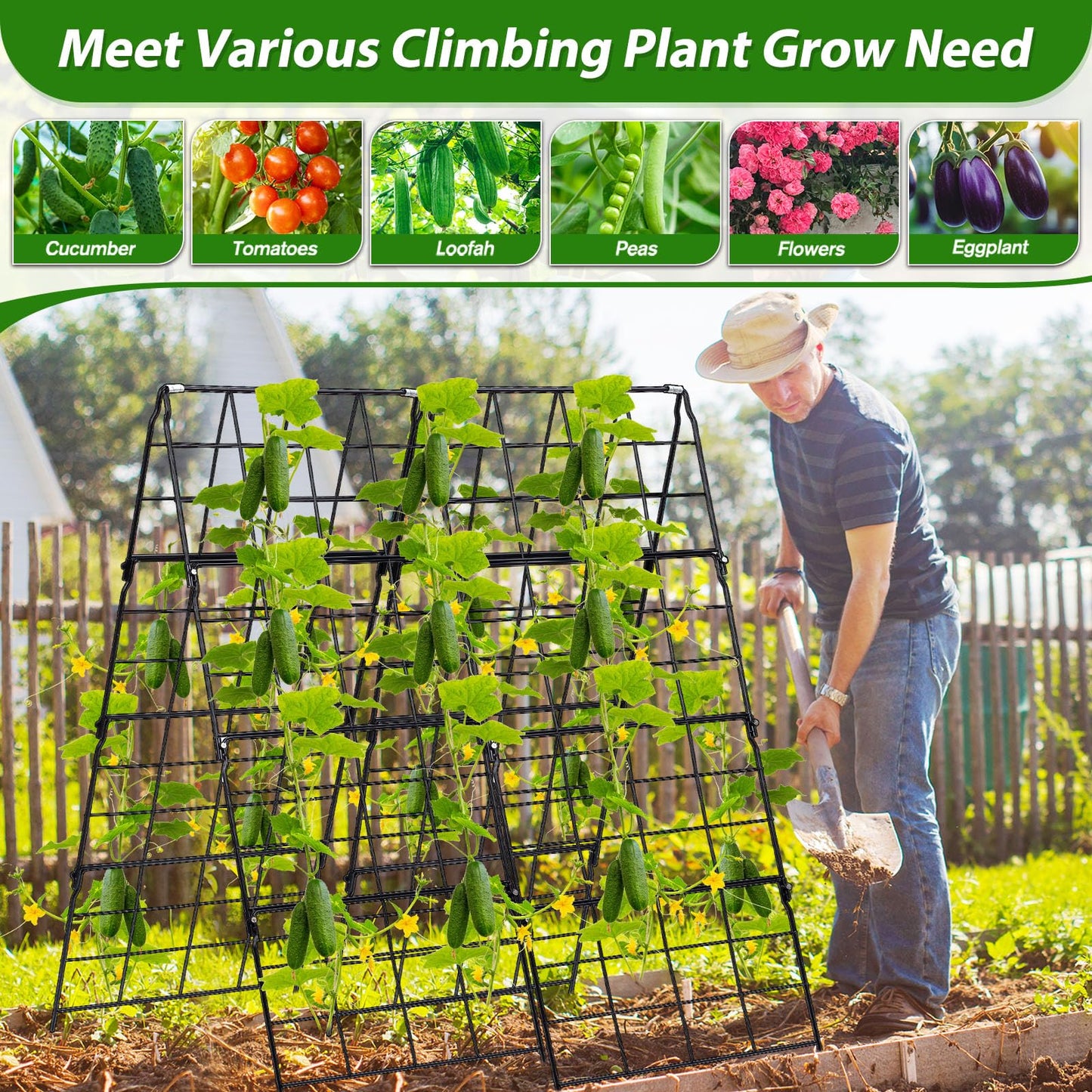 Cucumber Trellis for Raised Bed A Frame Metal Garden Trellis for Climbing Plants Outdoor, 42 x 16IN Foldable Coated Steel Cucumbers Trelli, Easy to Install Cucumber Trellis for Vegetable Fruit