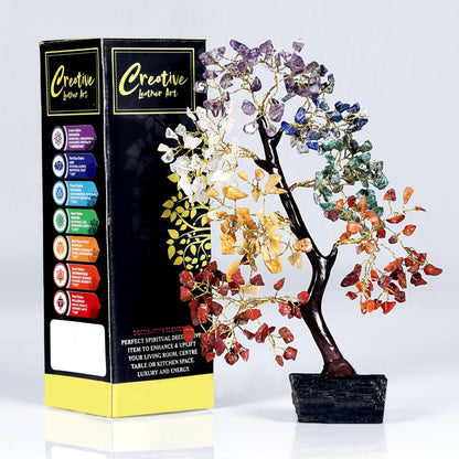 Seven Chakra Crystal Tree for Positive Energy, Healing Gemstone Bonsai with Black Tourmaline Gemstone Base – Feng Shui Money Tree for Home Décor, Meditation & Reiki Healing