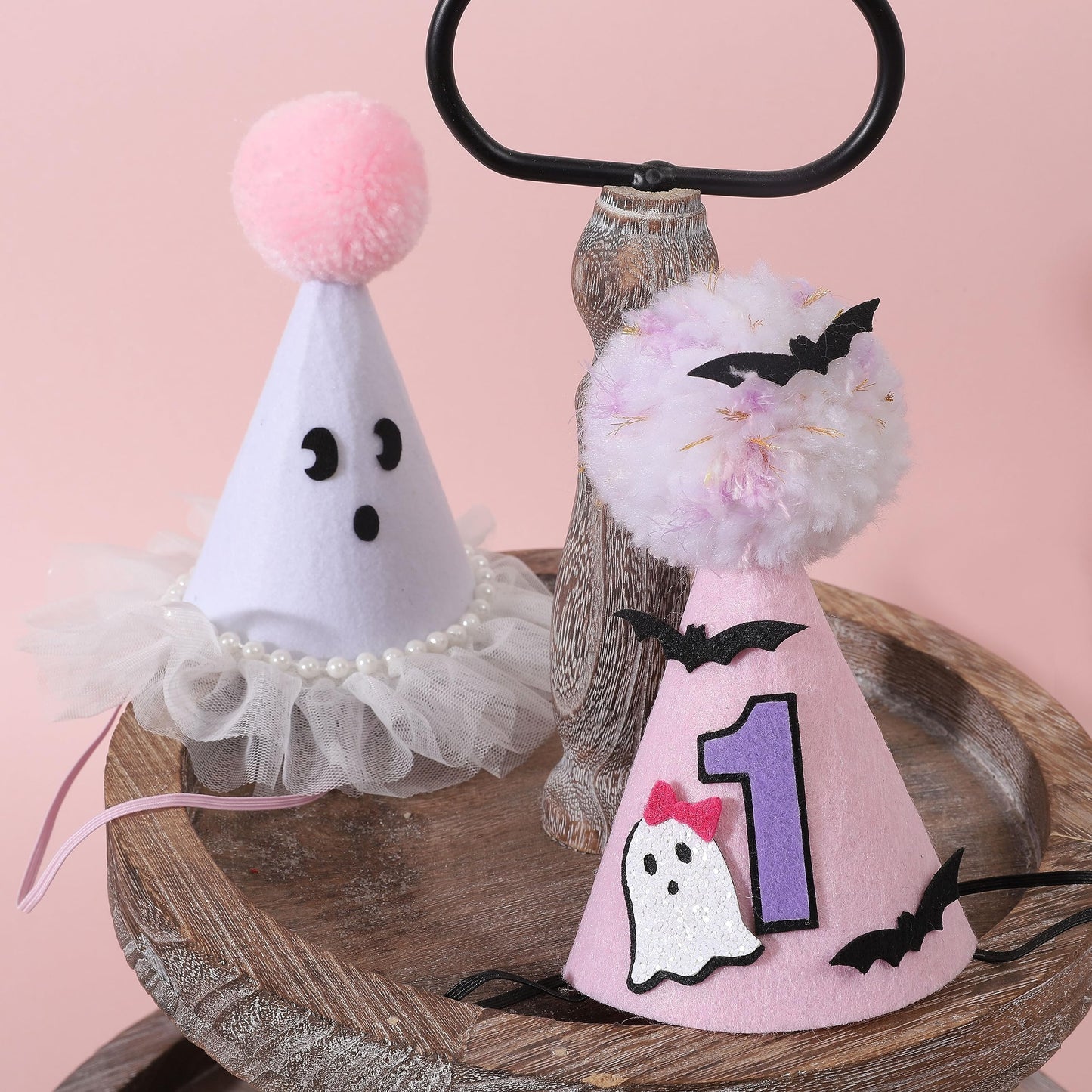 Agkvw Halloween Pink Ghost 1st Birthday Hat with Bats - Spooky One Birthday Crown, Cute Halloween 1st Bday Decoration for Girls, My FirstHalloween Bday Decor