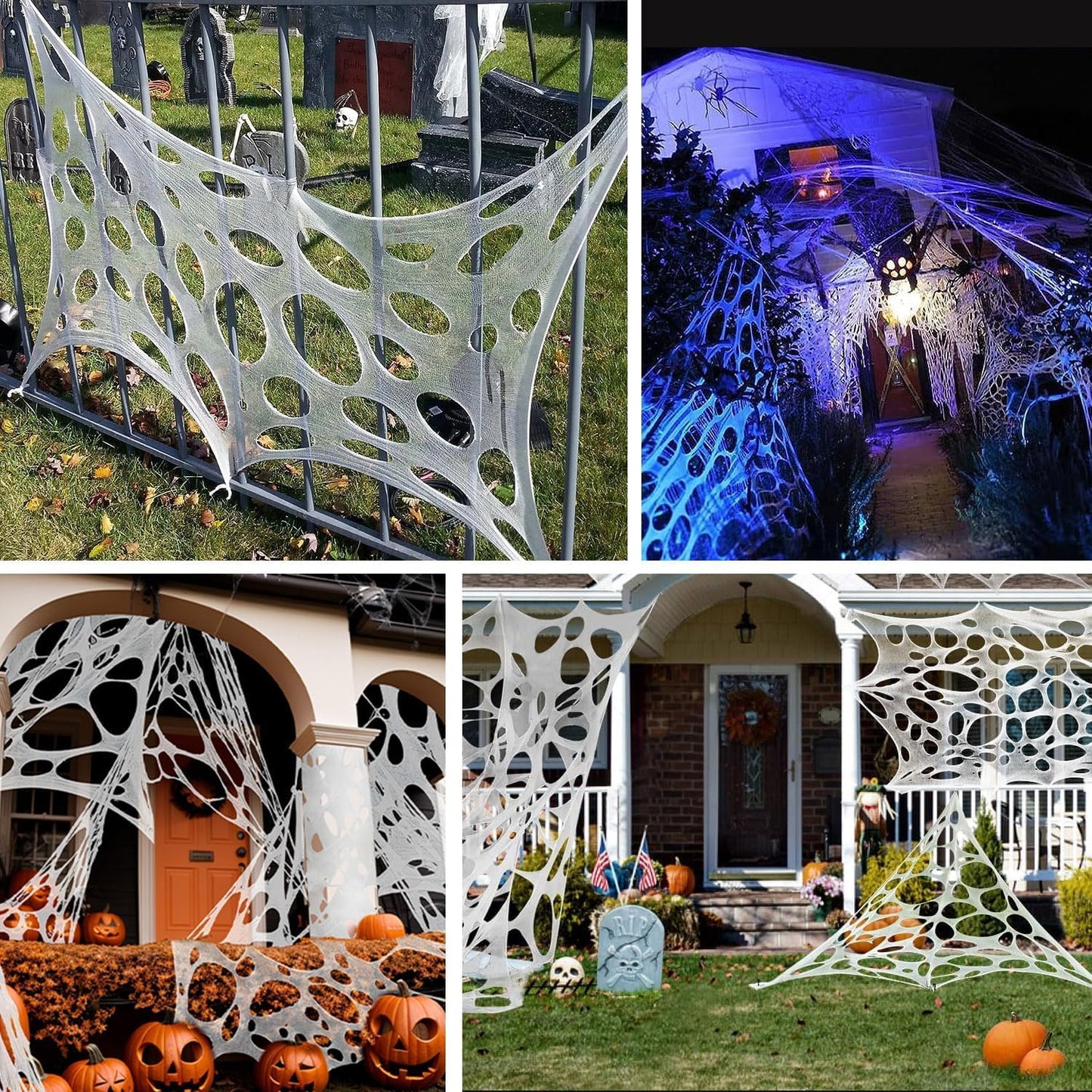 wymulot 1200 Sqft （After Streched with Holes） Uncut Giant Spider Web Halloween Decorations Outdoor with 10 Ground Nails Stretchy Beef Cloth Netting Cut-Your-Own Flexible Elastic for Yard Party Decor