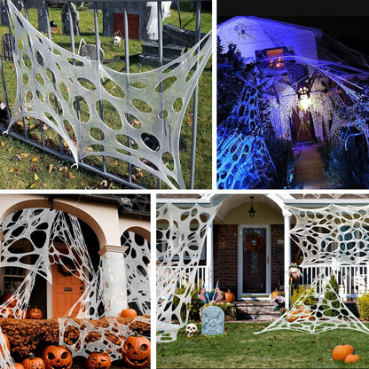 1000 Sqft（After Streched with Holes）Uncut Giant DIY Spider Web Halloween Decorations Outdoor with 10 Ground Nails Stretchy Beef Cloth Netting Cut-Your-Own Flexible Elastic for Yard Party Decor