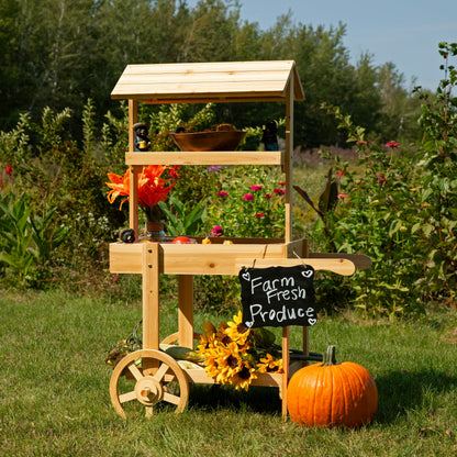 Sunnydaze Country Market Flower Cart Display Stand with Wheels - 2 Shelves - Fir Wood - 30 lb Weight Capacity - Natural Fir