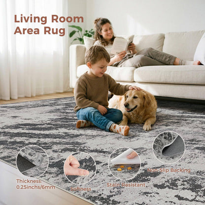 DMOYEST 5x7 Washable Area Rug: Abstract Modern Non-Slip Carpet, Soft Low Pile Indoor Neutral Easy Clean Floor Rugs for Living Room Bedroom Dining Room Kids & Pets - Black