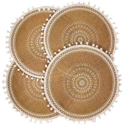 CAPASIN Placemats, Dining Winter Modern Dinner Braided Beige and Fall Circle Placemats Boho Runner Kitchen Round Table Plate Mats Set of 4 (White Ball)