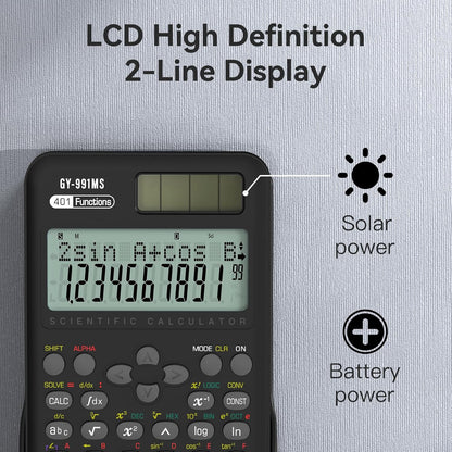 Scientific Calculator School Supplies, ROATEE 991MS 401 Functions 2-Line Display Desktop Calculator with Sliding Cover, Solar Battery Dual Power Kawaii for Middle High School Student and Teacher Black