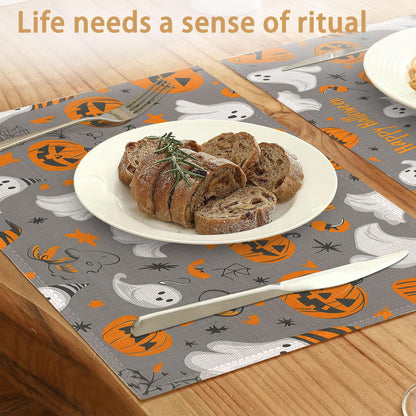 Placemats Set of 6,Pumpking Ghost Table Mats,Halloween Washable Linen Table Mats,Non-Slip Heat Resistant Placemats for Party Kitchen Dining Indoor Outdoor 12"x18"