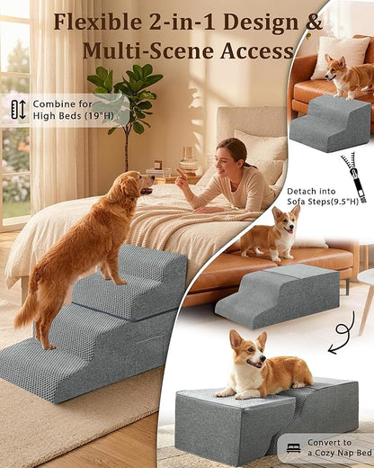 Dog Stairs for Bed, 19" H 4-Step Dog Steps for Window Seat & Loft Couch, Non-Slip Stable Pet Stairs for Small & Senior Dogs, Senior-Friendly Gentle Steps, Foldable Doggy Stairs for Resting