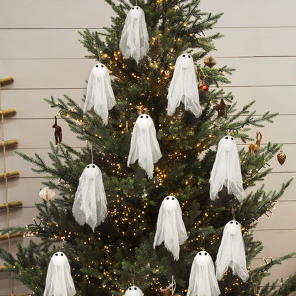 Decor365 Small Hanging Ghosts with White Creep Cloth and Black Eyes Summerween Party Decorations Classroom Living Room Outdoor Halloween Decorations Spooky Scary Ghost To Hang from Trees (Pack Of 12)