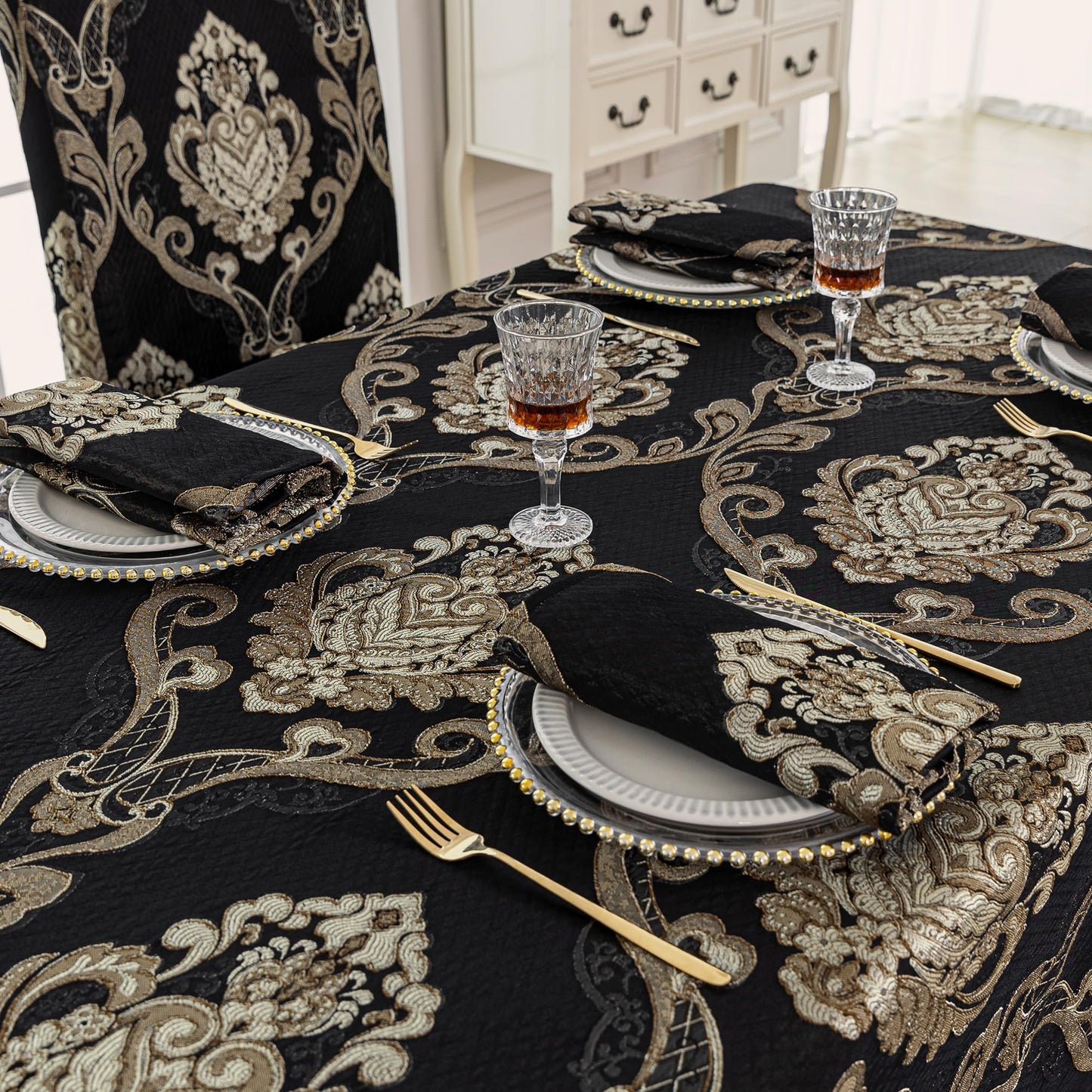 Loom and Mill Black Tablecloth 60 x 120 Inches, Classic Jacquard Rectangle Table Cover with Handmade Tassels for Halloween Dining Room Banquet Decorations (Black, 60"x120")