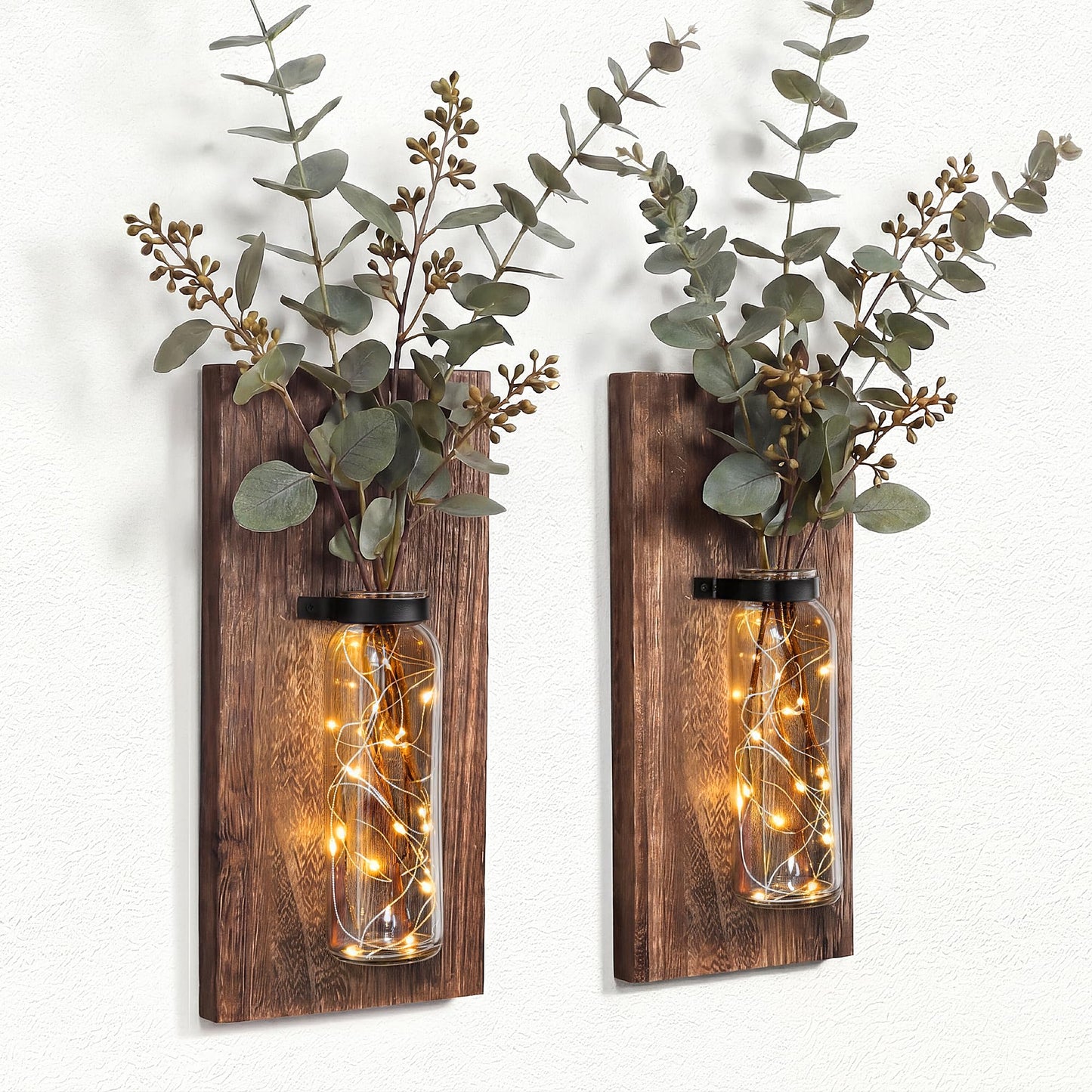 Heiple 2 Pack Wood Glass Wall Sconces, Farmhouse Planters for Indoor Plants, Rustic Decor for Living Room, Hanging Vase (Brown)