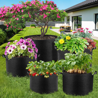 Jorvila 5 Pack 10 Gallon Grow Bags, Thickened Nonwoven Fabric Planter Pots with Handles, Heavy Duty 300G Garden Pots for Tomato, Potato and Vegetable
