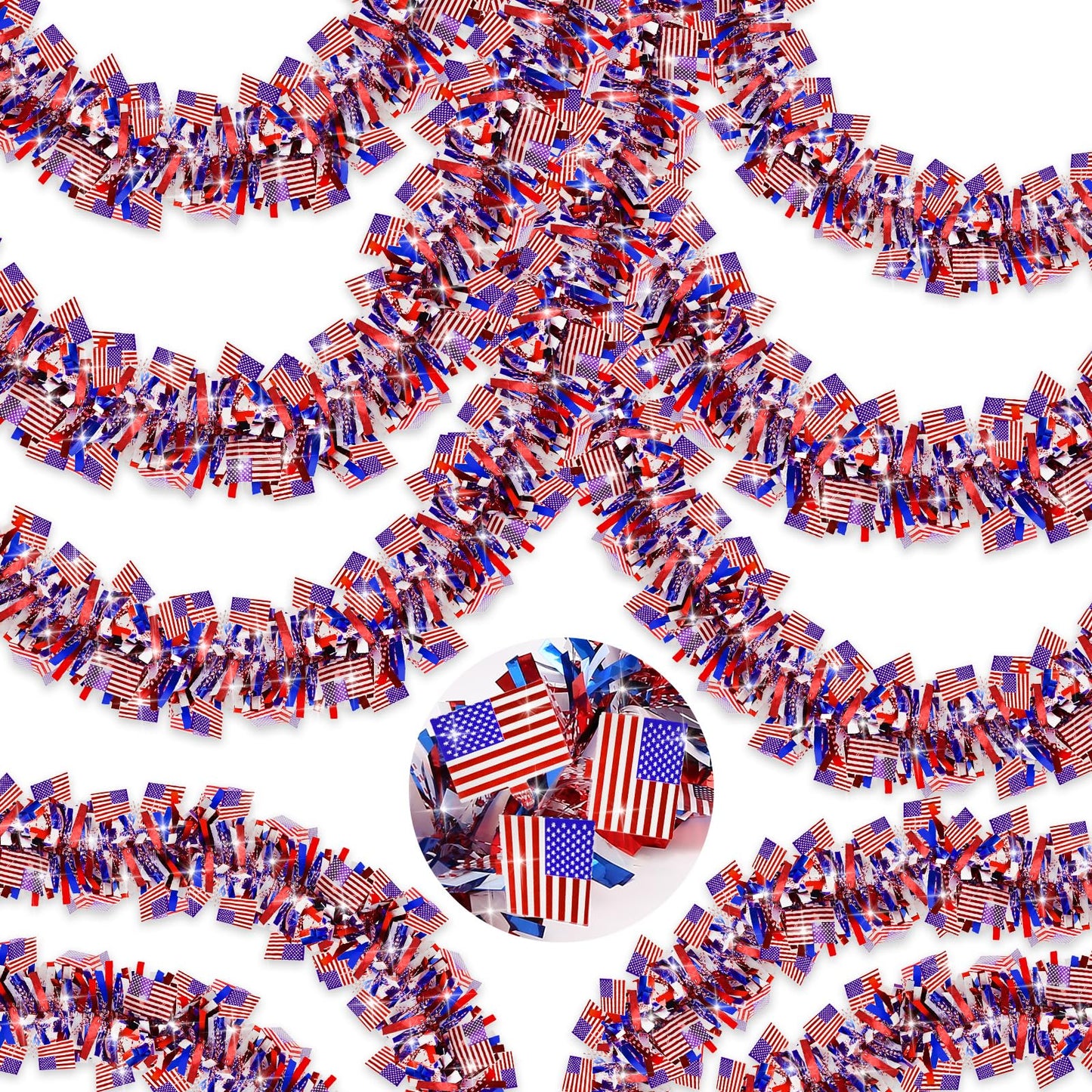 50 FT 4th of July Tinsel Garland, Red White and Blue Patriotic Flags Garland for Home Party Holiday Celebration for 250th Anniversary Memorial Day Independence Day 4th of July Decorations