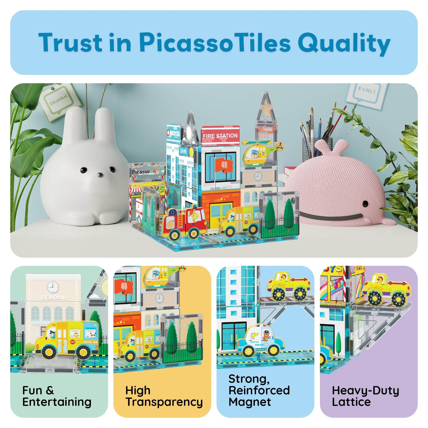 PicassoTiles Metro City Hospital Magnetic Tile Building Set with 8 Vehicles and Figures Educational Magnet Blocks Construction for Kids Age 3 Plus STEM Role Play Town Imagination Learning Toy PTQ14