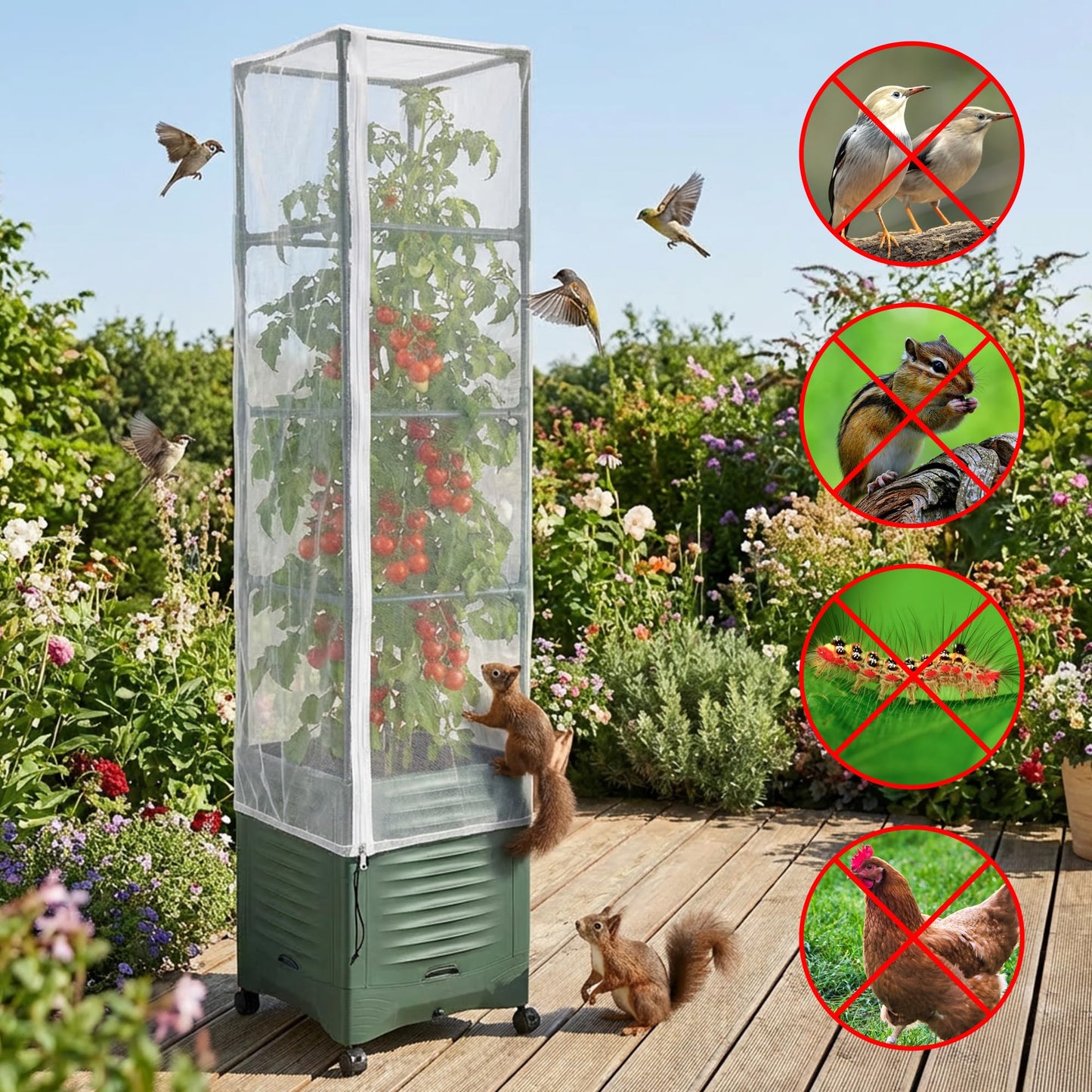 2 Pcs Garden Bird Netting Plant Cover for Square Tomato Cage, 59" x 17.7" Insect Bird Barrier Tomato Cage Net with Zipper & Drawstring, Tomato Trellis Netting Protection Cover for Protecting Plants