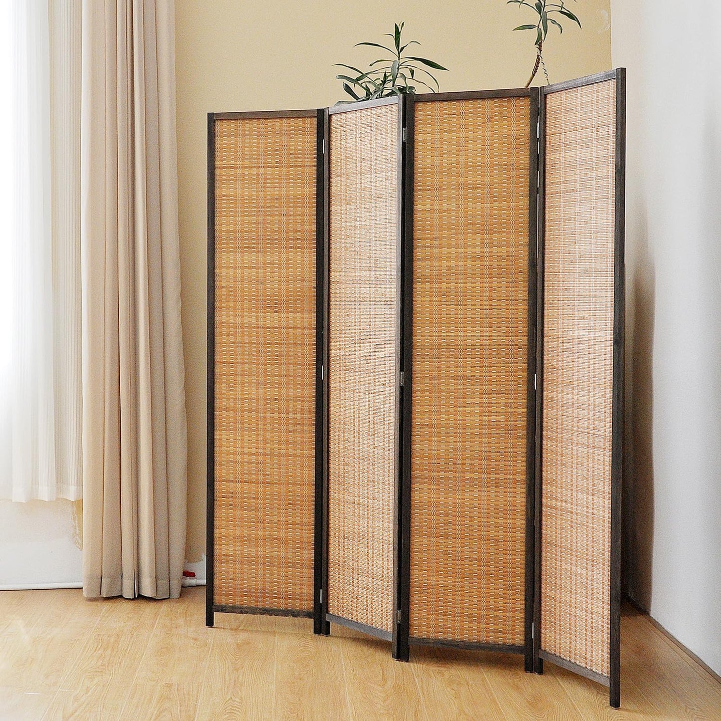 Pawlabay 4 Panel Bamboo Room Divider Screen,5.6 FT Tall Bamboo Divider Folding Panel Screen,Freestanding Panel Divider for Room Seperation,Brown