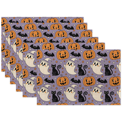 Halloween Ghosts Pumpkins Table Mats Set of 6,Black Cats Non-Slip Washable Placemats for Restaurant Home Kitchen Dinner Table 12x18Inch