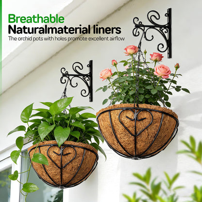 QCQHDU 2 Pack 10 inch Metal Hanging Orchid Baskets for Plants Outdoor, Hanging Orchid Planter Basket with Coco Liners, Orchid Pots with Holes for Garden, Patio, Deck, Porch Plants(Love)