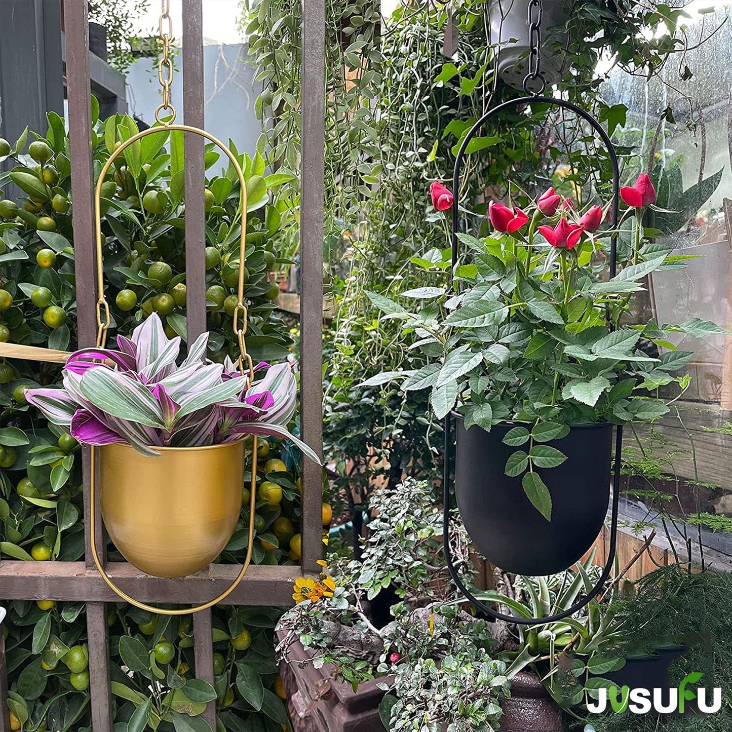 JUSUFU Metal Hanging Planters, 2pcs Black Hanging Planters for Indoor & Outdoor Plants, No Plant incld