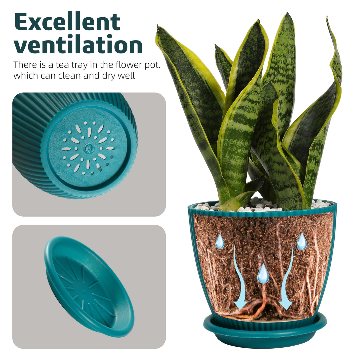 YENXIKU 6 Inch Plant Pots with Self Watering Planter Insert - Flower Pots for Indoor Plants with Drainage Holes and Saucers - Gardening Pots, Planters & Accessories for Orchid and Succulent, 5 Packs