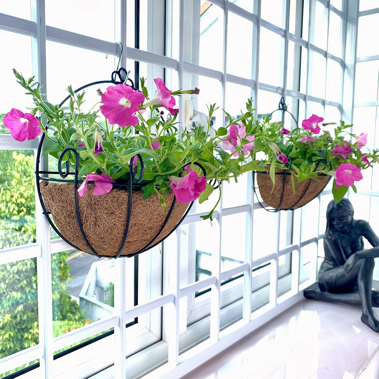 Shoplala Wall Hanging Planter for Outdoor (2 Pack, 10 Inch) Black Metal Hanging Flower Basket for Plants, Wall Planters with Coco Liner Indoor Wall Mounted Plant Holder Outside Balcony Fence Rail Deck