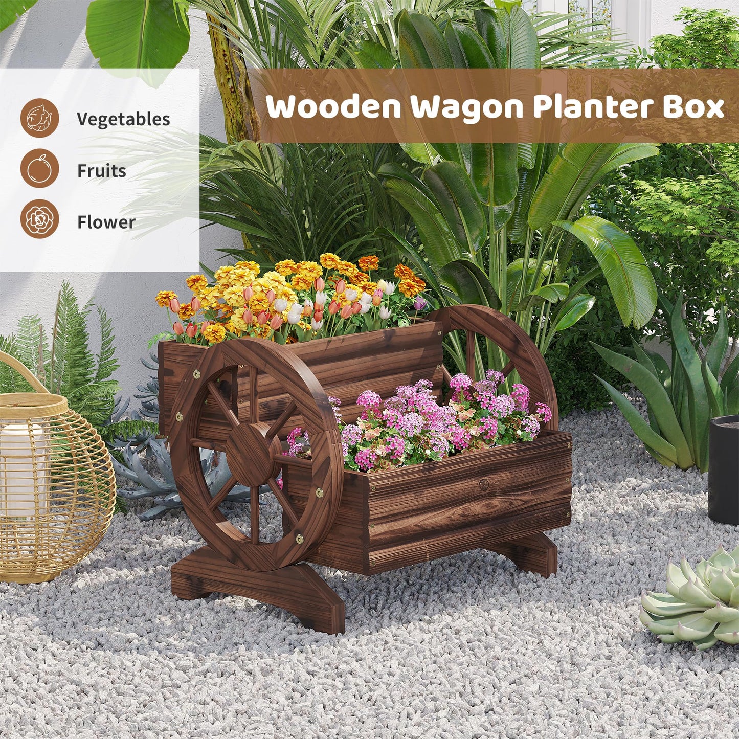 FILWH Wooden Wagon Planters for Outdoor Plants, Flower Cart, Wood Planter Boxes Outdoor, Backyard Decor, Flower Planters Outdoor with Wheels Planter for Flowers Vegetables (Carbonized)