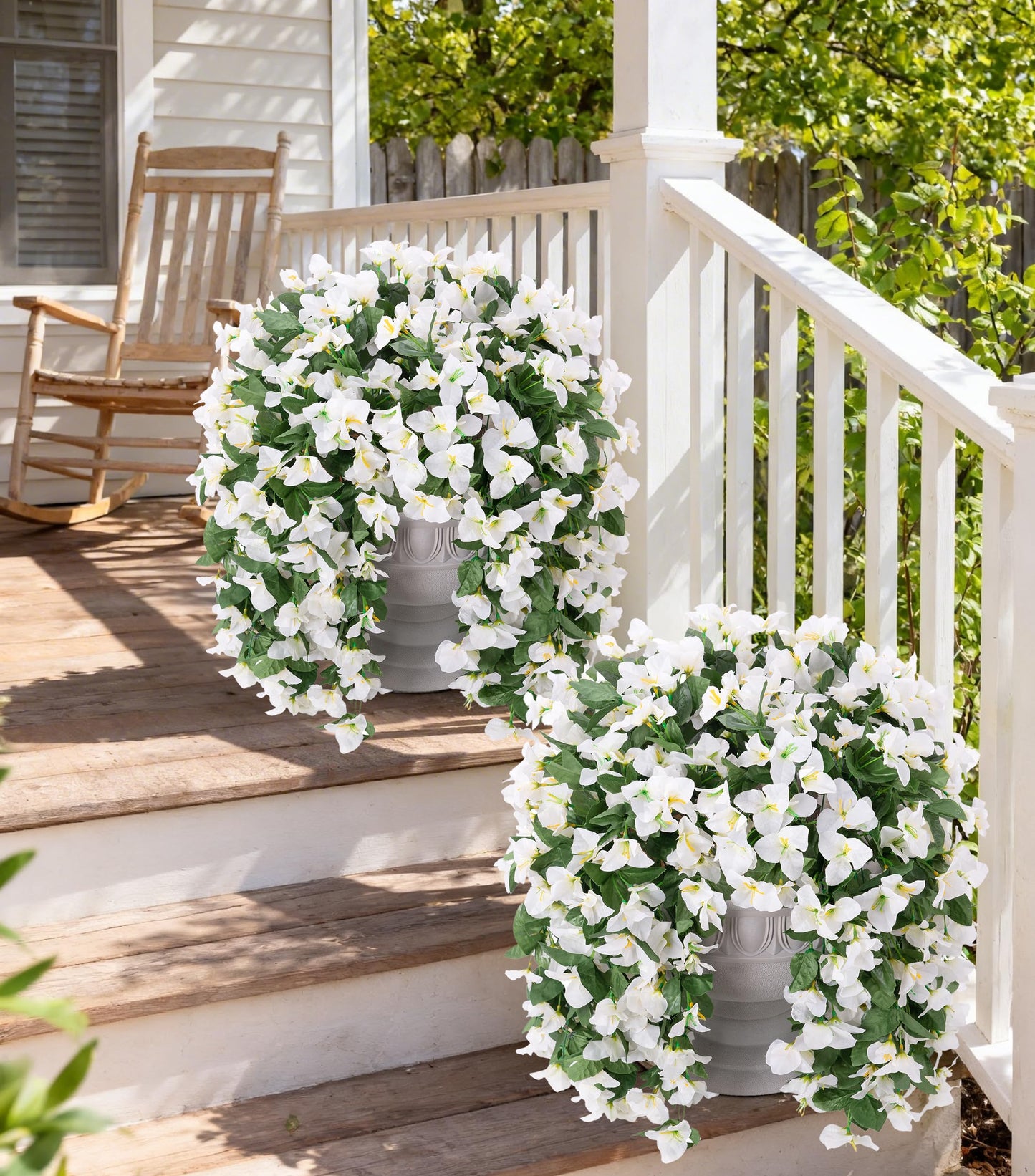 Faux Bougainvillea Artificial Flowers for Outdoors Fake Plants Outside Decoration, 2 PCS White Faux Flowers UV Resistant Look Real Silk Long Trailing Vines for Front Door Porch Planter Patio Garden