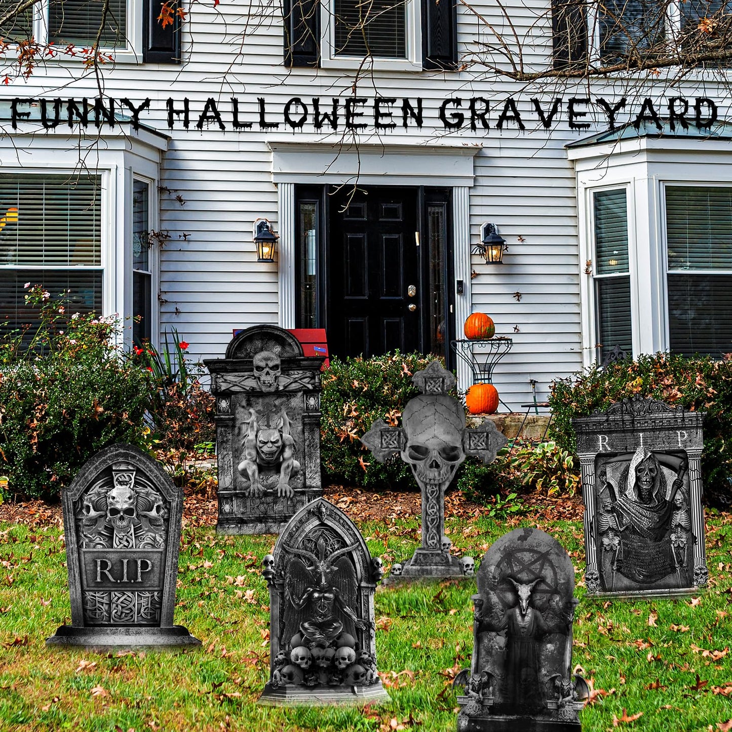 ontigola 16 Inch Halloween Graveyard Tombstones Prop Yard Stakes Signs 6 Styles Outdoor Headstones for Cemetery Halloween RIP Graveyard Tombstones Outdoor Props Yard Decorations with Stakes
