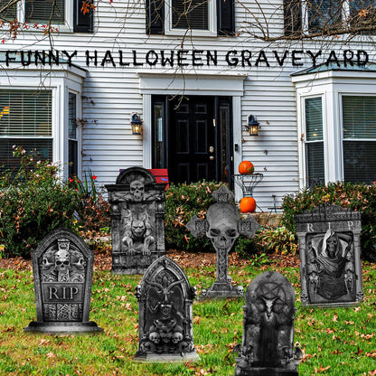 ontigola 16 Inch Halloween Graveyard Tombstones Prop Yard Stakes Signs 6 Styles Outdoor Headstones for Cemetery Halloween RIP Graveyard Tombstones Outdoor Props Yard Decorations with Stakes