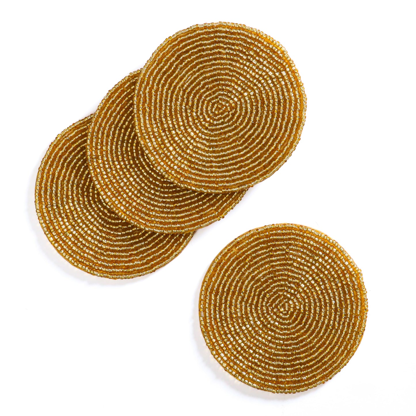 Handmade Beaded Bar Drink Tabletop Protection Coasters - Set of 4 - Halloween Harvest Autumn Fall Thanksgiving Holiday Christmas Celebration Festive Party 4" Round - Solid Gold