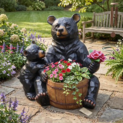 elesculor Black Bear Mother & Cub Garden Statue Planter, Resin Outdoor Flower Pot with Barrel Basket, Decorative Animal Planter for Patio, Yard, Lawn, Cabin Decor