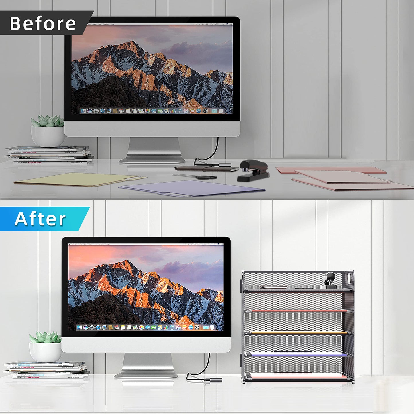 Supeasy 5 Trays Paper Organizer Letter Tray with Handle-Mesh Desk File Organizer, Grey Paper Sorter Desk Organizer for Office, Home or School