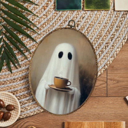 OINDADE Halloween Ghost Coffee Oval Wall Art Decor, Fall Spooky Coffee Ghost Wall Art Hanging Decor, Halloween Fall CoffeeLovers Framed Canvas Artwork for Kitchen Living Room Home, 8.8x11.5in