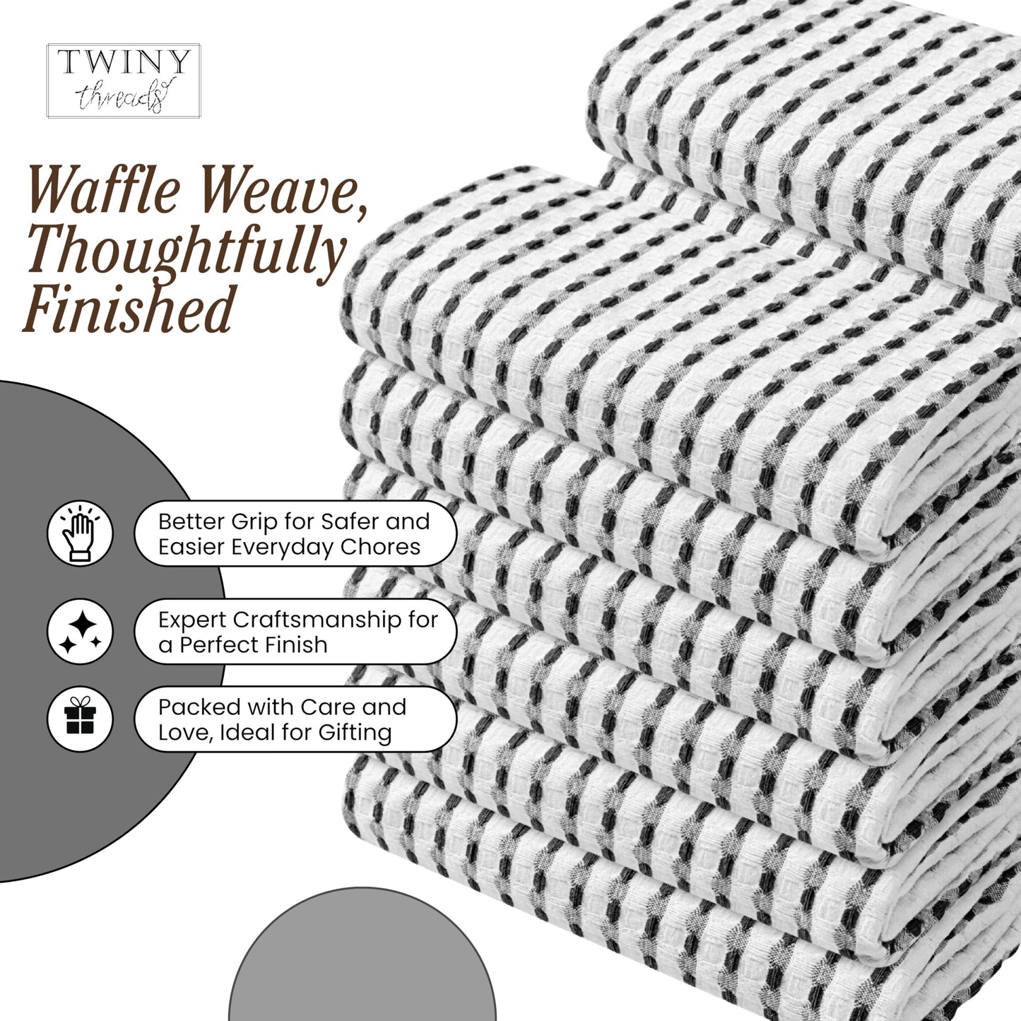 TWINY threads Waffle Kitchen Towels Set of 4, Large 16x26 Inches, 100% Cotton Absorbent Dish Cloths, Fast Dry & Machine Washable Waffle Weave Towel for Cooking, Baking & Cleaning, Black and White