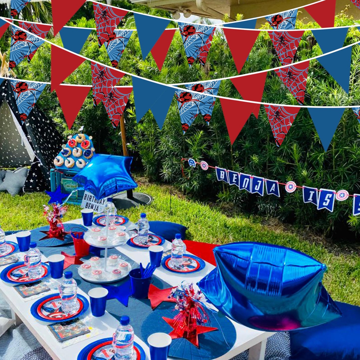 32Ft Spider Party Decorations Red Blue Spider Web Triangle Flag Pennant Banner Fabric Garland Streamer for Kids Boys Cartoon Super Heros Movie Birthday Superhero Baby Shower Party Decor Supplies