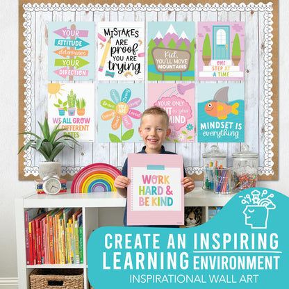 Hadley Designs Motivational Poster for Classroom Decor - 9 Growth Mindset Classroom Posters Elementary, Inspirational Wall Decor Middle School, Teacher Must Haves, Pastel Bulletin Board Decorations
