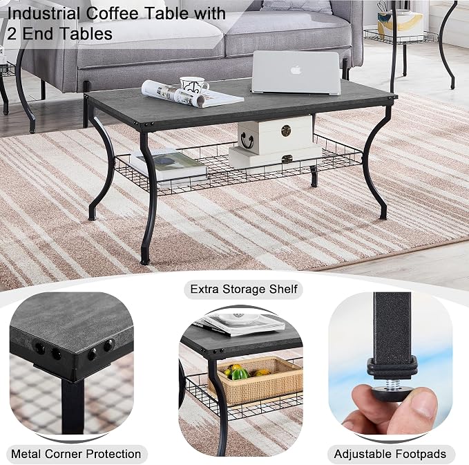 VECELO 3 Pieces Living Room Table Sets, Coffee and End Tables with Open Storage Shelves for Apartment, Home Office, Small Space, Easy Assembly, Dark Grey