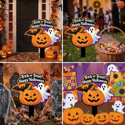 Bekecidi Halloween Metal Yard Sign, 15.7 x 11.8 Inches Trick or Treat Pumpkin Ghost Decor, Iron Lawn Stake with Straight Ground Insert for Outdoor Garden Decorations