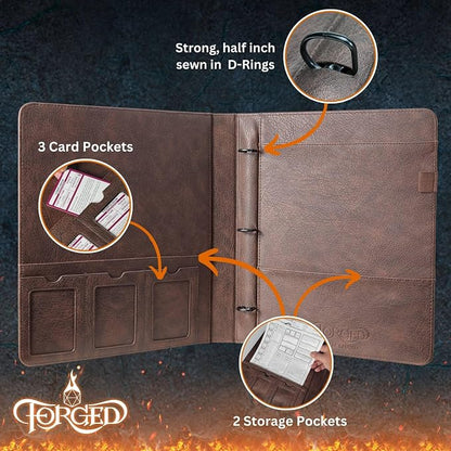 Forged Dice Co. Game-Folio PU Leather Portfolio Binder - Gaming Binder for DND Character Sheets with DND Spell Cards Organizer and Clear Front Pocket - Compatible with Dungeons and Dragons RPG - Blue