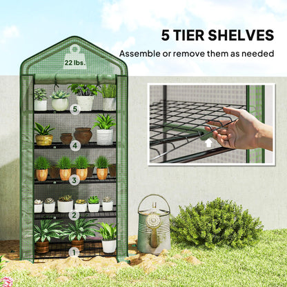 Outsunny 5 Tier Mini Greenhouse, 76" x 35.4" x 19.3" Small Portable Greenhouse with Reinforced PE Cover, Roll-Up Zippered Door, for Indoor Outdoor Garden Yard Backyard, Green