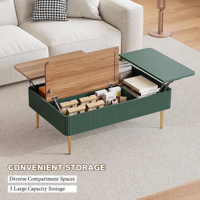 HLR 47" Dual Lift Top Coffee Table with Storage, Modern Wood Fluted Coffee Table with Hidden Compartment,Lift Tabletop Dining Center Table for Living Room, Office (Green)