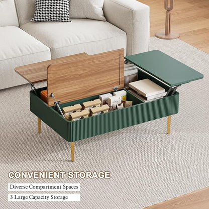 HLR 47" Dual Lift Top Coffee Table with Storage, Modern Wood Fluted Coffee Table with Hidden Compartment,Lift Tabletop Dining Center Table for Living Room, Office (Green)