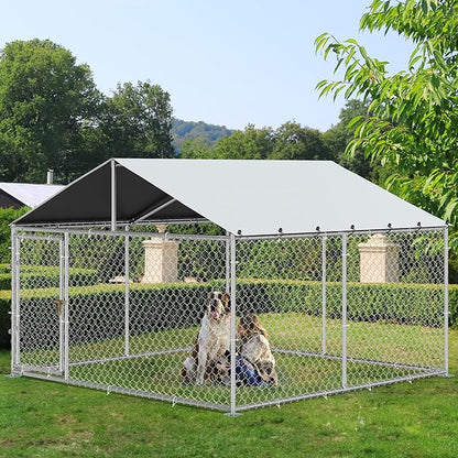 YITAHOME 10'x10' Outdoor Dog Enclosure with Metal Dog Gate, Dog Kennel Outside with Roof, Dog Fence Outdoor for Yard