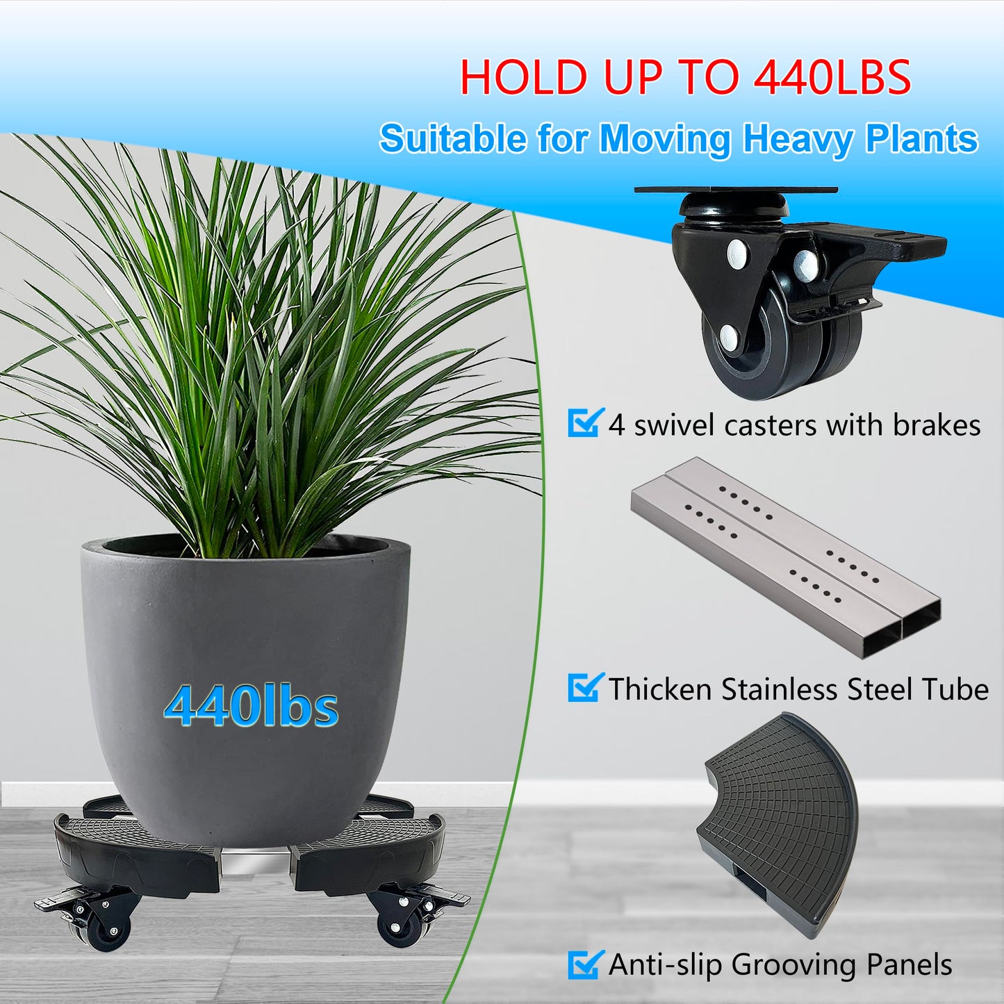 CASIMR Plant Stand with Wheels, 2 Pack Adjustable 15-20" Heavy Duty Plant Caddy with Casters, Indoor Outdoor Large Potted Planter Cart Dolly, Rolling Plant Stand for Flower Pot, 440lb Capacity