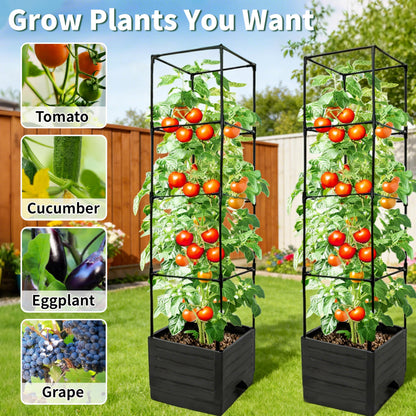 SYITCUN Tomato Planter with Trellis, 57 Inch Self-Watering Planter Box 2-Pack, Grey Planter with Metal Support for Outdoor Indoor Climbing Plants