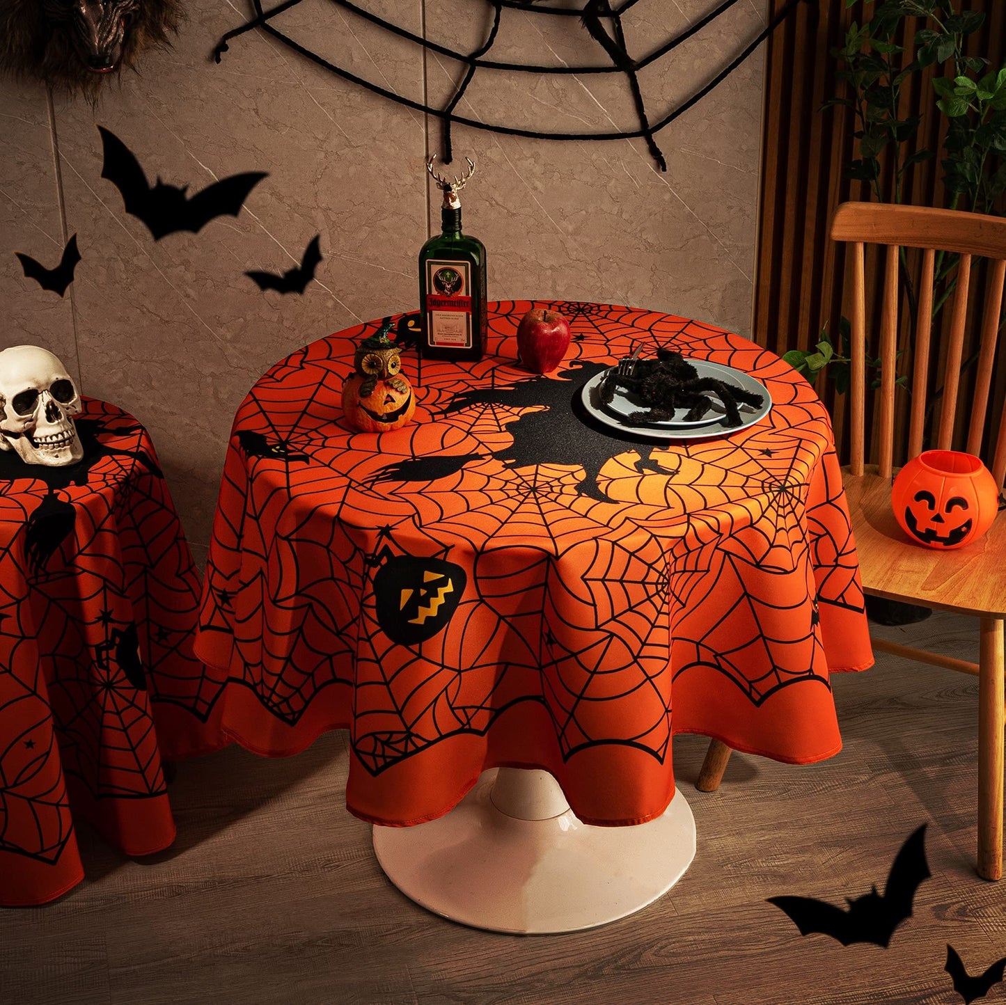MikiUp Round Halloween Tablecloth - Spider Web Decorative Holiday Table Cloth, Waterproof and Washable Table Cover for Party Kitchen Dining Room Indoor, Cobweb/Orange 60 Inch