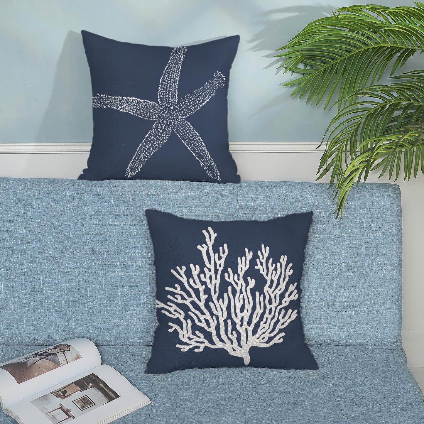 Blue Starfish Pillow Covers 18x18 Inch Set of 2, Nautical Ocean Coastal Blue Coral Throw Pillows Spring Summer Decorations Linen Pillowcase Outdoor Decor Farmhouse Cushion Case for Home Holiday