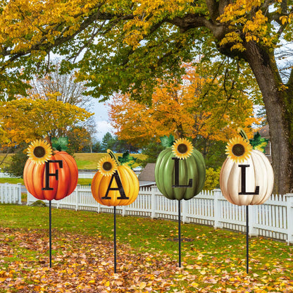JarThenaAMCS Set of 4 Thanksgiving Pumpkin Metal Garden Stakes Fall Pumpkin Decorative Lawn Sign Seasonal Autumn Welcome Yard Sign for Harvest Home Outside Lawn Porch Decor